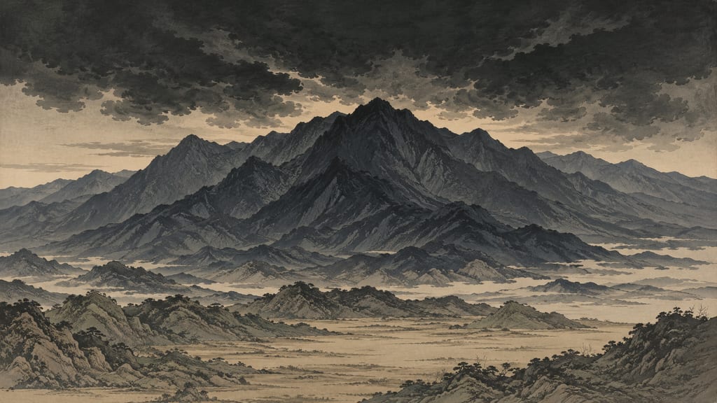 The dark, towering mountain range of Oeyama on the border of Tanba and Tango. Located northwest of Heian-kyo, outside the protective barrier of the imperial court, this mountain has been considered a symbol of the "otherworld" where unyielding tsuchigumo and demons lurk since the age of myth.