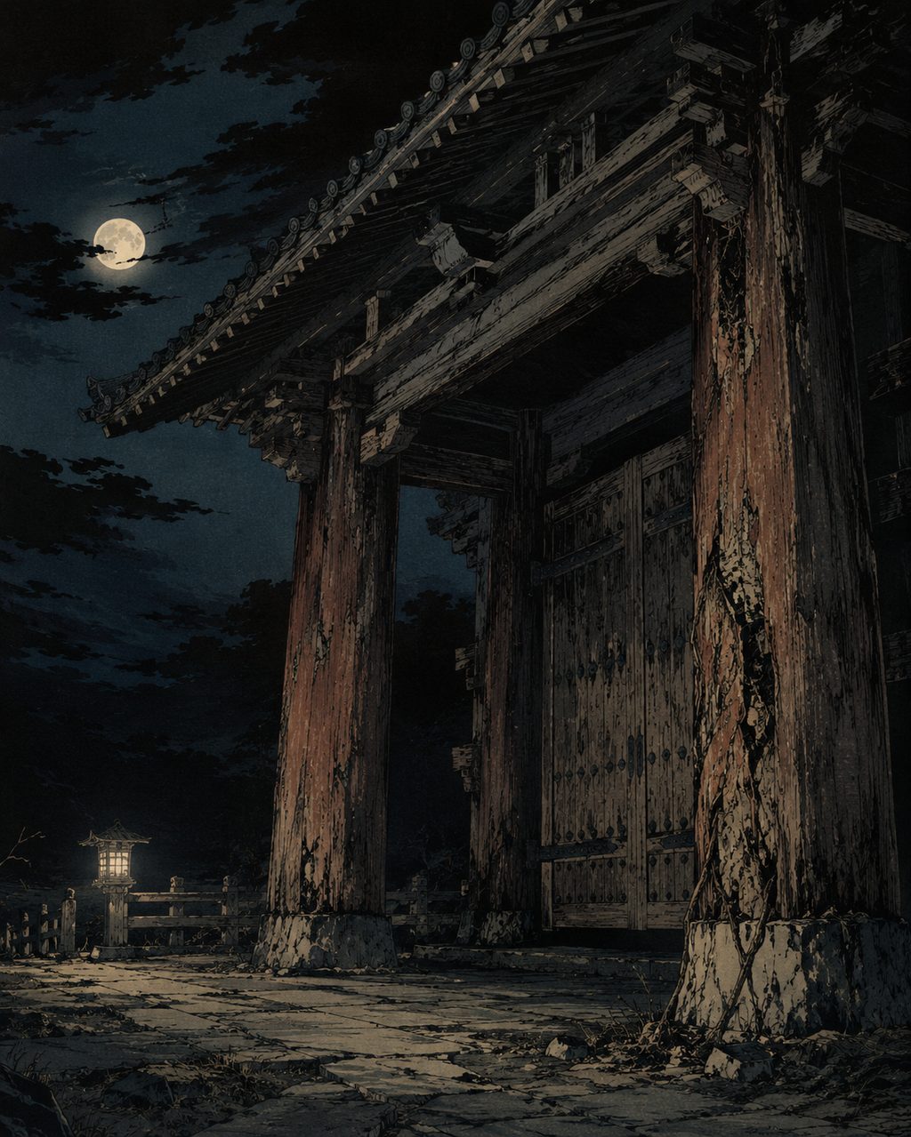 Rajomon Gate (or Ichijo Modoribashi) at night. This place where Watanabe no Tsuna cut off the arm of Ibaraki-doji, who had disguised himself as a woman, was the boundary separating the "inside" and "outside" of the capital, and a dangerous space where demons lurked.