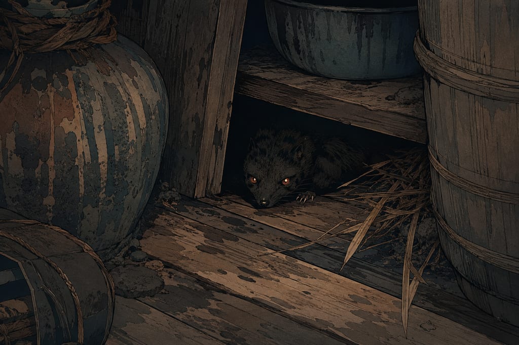 An inugami lurking in the dark corners of a house. The inugami, long believed in places like eastern Oita Prefecture, was spoken of as a small mottled beast about the size of a mouse kept in the shadows of storehouses or water jars. This invisible monster, which possessed other families to bring illness and misfortune, was the crystallization of the unequal distribution of wealth and tensions between family lineages in village societies, taking the form of a dark curse.