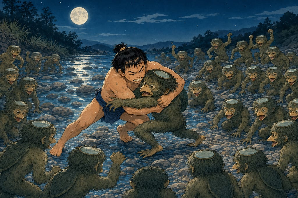 Kappa sumo on a moonlit night and the boy Shokichi. Kappa (Kawataro) dwelling in the rivers of Bungo were said to be particularly fond of sumo, and regional records preserve the tale of a boy from Hita named Shokichi who continued wrestling against a multitude of child kappa on the riverside at night. Though a threat of the rivers, the Kawataro—somehow comical and friendly—was a symbol of the precarious contract the people of Bungo forged with the rivers.