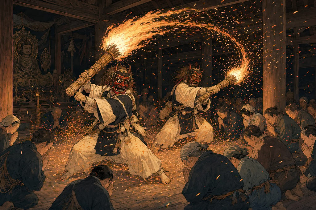 The Shujo Onie of Rokugo Manzan on the Kunisaki Peninsula. In this peculiar festival preserved at temples such as Tennen-ji, the oni swinging blazing torches are not targets of exorcism, but are instead welcomed as incarnations of buddhas and ancestral spirits who bestow good health and ward off disaster upon the people. This reversal, which draws even oni to the side of faith and salvation, is a view of the supernatural unique to the Toyo Province, the land of Shinto-Buddhist syncretism.