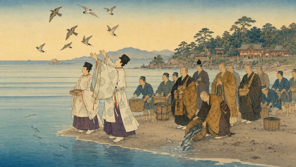 The Hojoe of Usa Jingu. Said to have begun following an oracle from Hachiman after the Hayato Rebellion of Yoro 4 (720), this festival is a Shinto ritual that involves releasing birds and fish on the beach of Wama to pacify the spirits of the slain Hayato. This event, where a god sought salvation in the Buddhist precept of "no killing," quietly testifies to Oita having been the forefront of Japan's syncretism of Shinto and Buddhism.