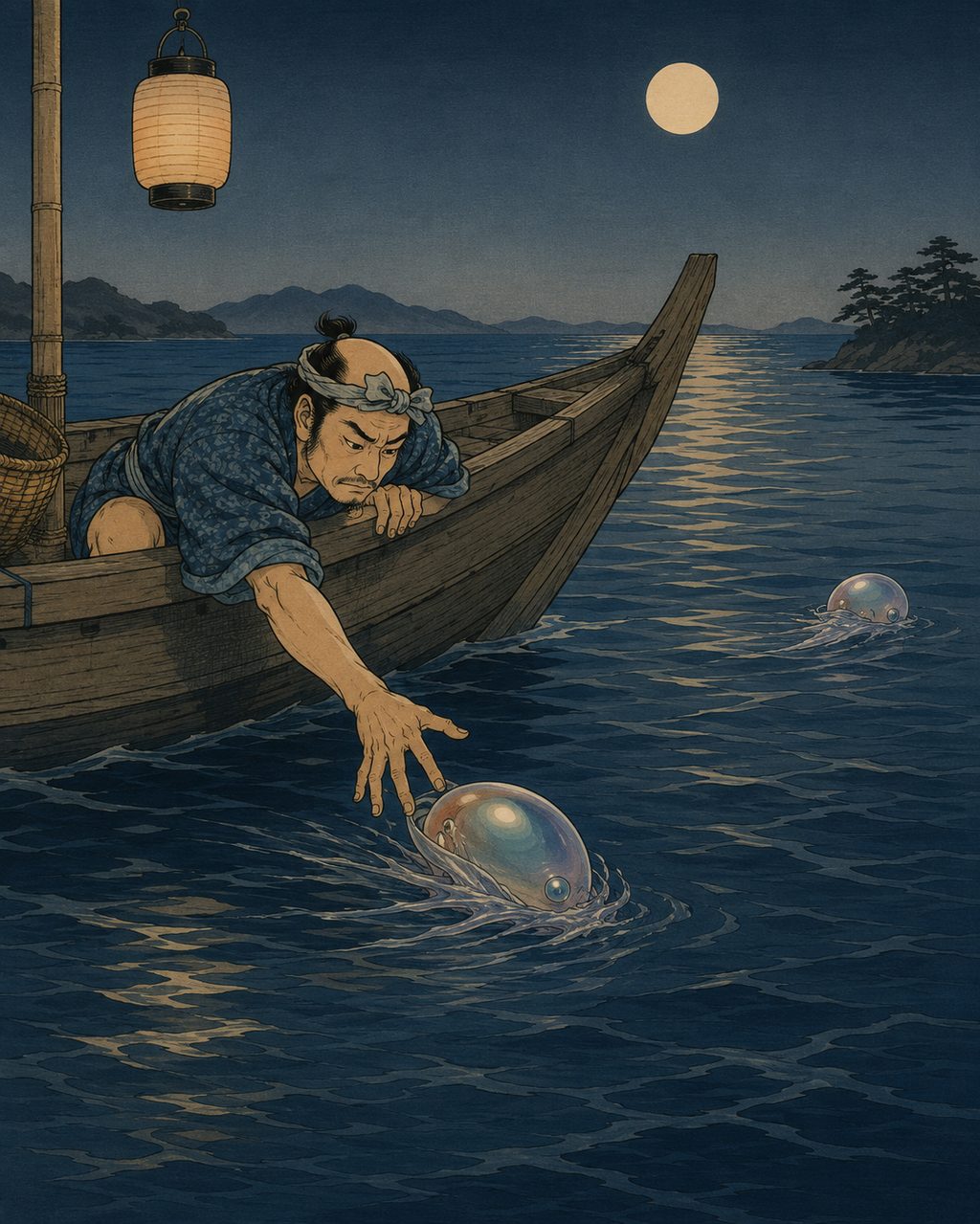 The original Nurarihyon floating in the Bisan Seto. This monster passed down in the seas of Okayama was not an old man, but a round ball floating in the sea. When one tries to scoop it up, it slips away smoothly ("nurari") and pops up abruptly ("hyon") further away, a crystallization of the awe of the sea that mocks people.