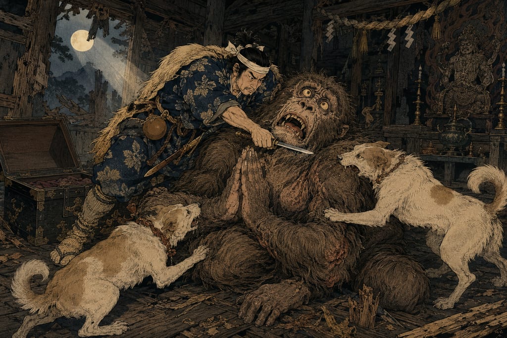 The Sarugami of Mimasaka being slain. The god of Mimasaka Province's Nakayama, recorded in the *Konjaku Monogatarishu*, was a giant monkey that demanded sacrifices, but was subdued by a hunter from the eastern provinces and his dogs, and thereafter reverted to an enshrined god who ceased his curses. A tale of transformation from awe to coexistence.