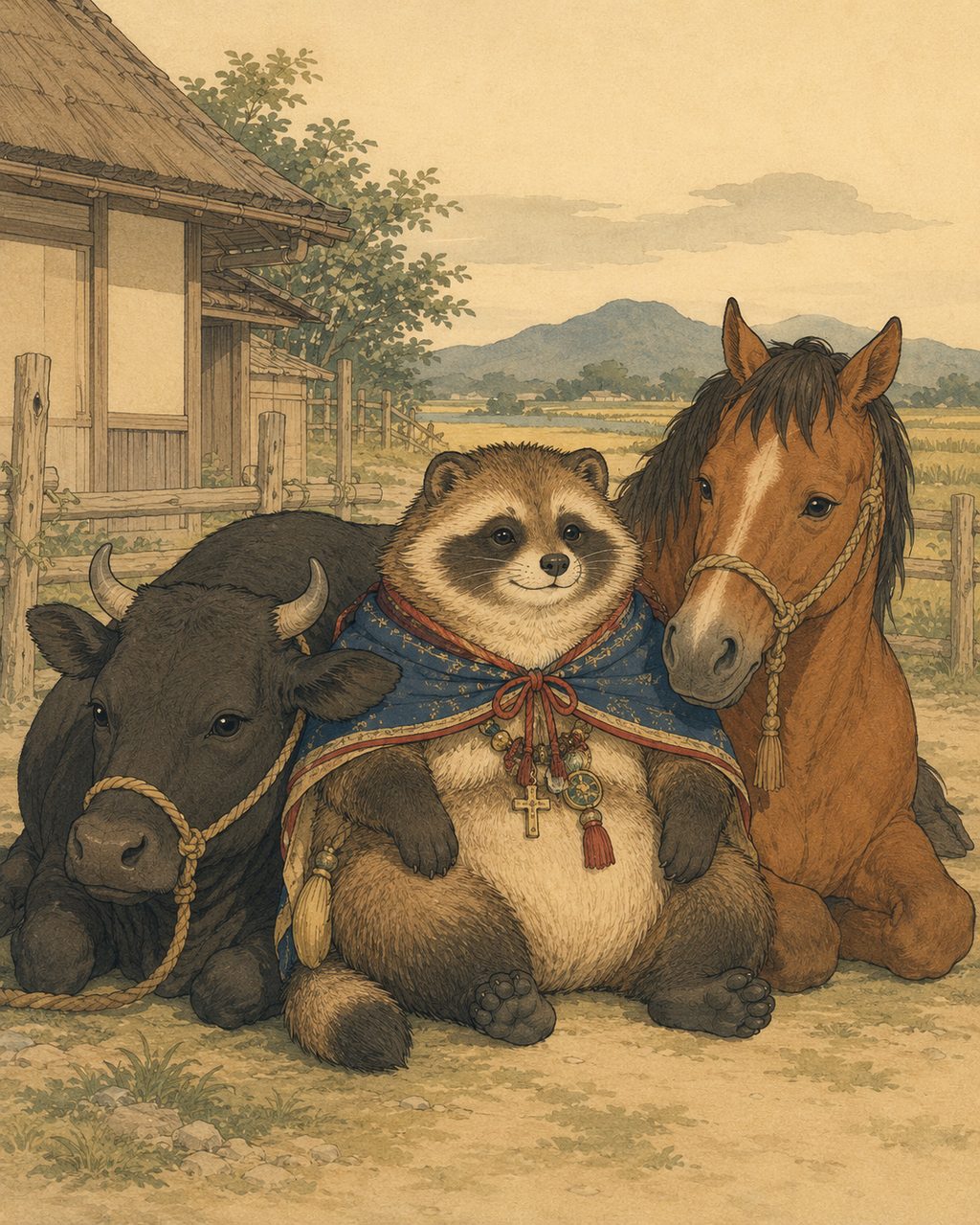 Maho-sama, who became the guardian deity of cows and horses. Kyumo Tanuki, who arrived on a missionary ship, made a pact in the land of Kibi and was enshrined as a god (Maho-sama) who protects cows and horses from illness. A local belief typical of Okayama where a feared monster is reversed into an object of worship.