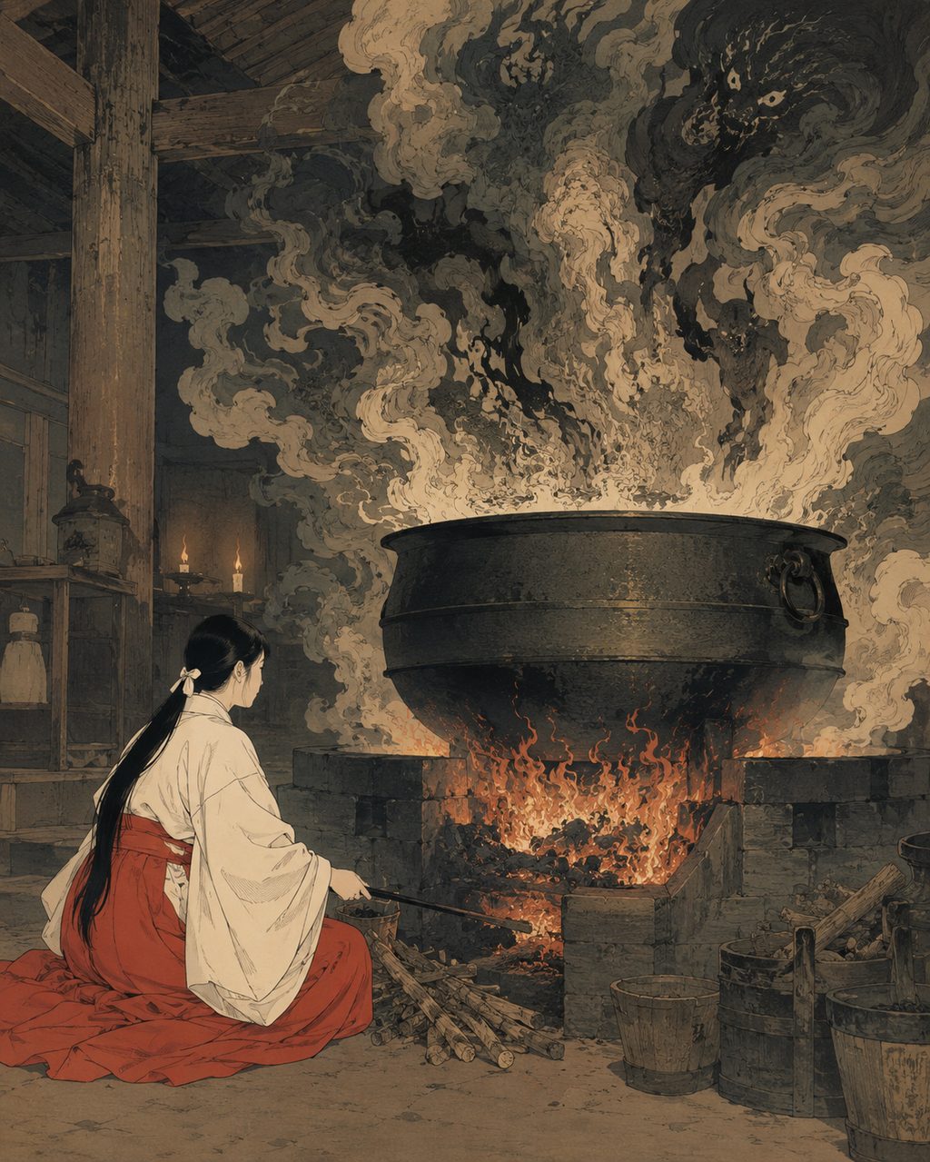 Ura roaring beneath the cauldron. In the Narigama Shinji performed at the cauldron hall of Kibitsu Shrine, it is said that the spirit of the demon god Ura, slain by Kibitsuhiko-no-Mikoto, foretells good and bad fortune through the sound of the cauldron. The core of Kibi's belief where the conquered becomes a god of oracle.