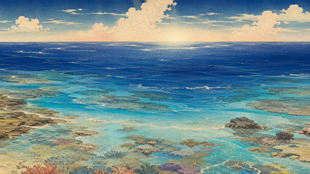 サンゴ礁の向こうに広がる黒潮の海。柳田國男が『海上の道』で説いたように、ヤマトの古い記憶や文化もまた、この海を渡って北上してきたのかもしれない。