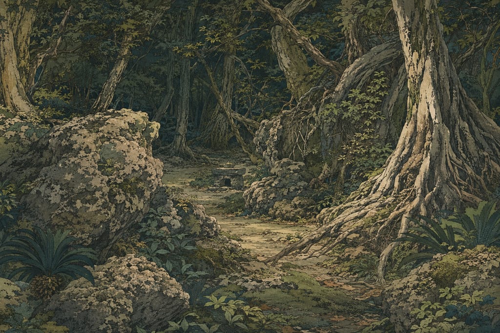 琉球の祈りの原形である御嶽（うたき）。社殿を持たず、森の木立や巨岩そのものを神が降りる聖域とする古来の信仰の姿である。