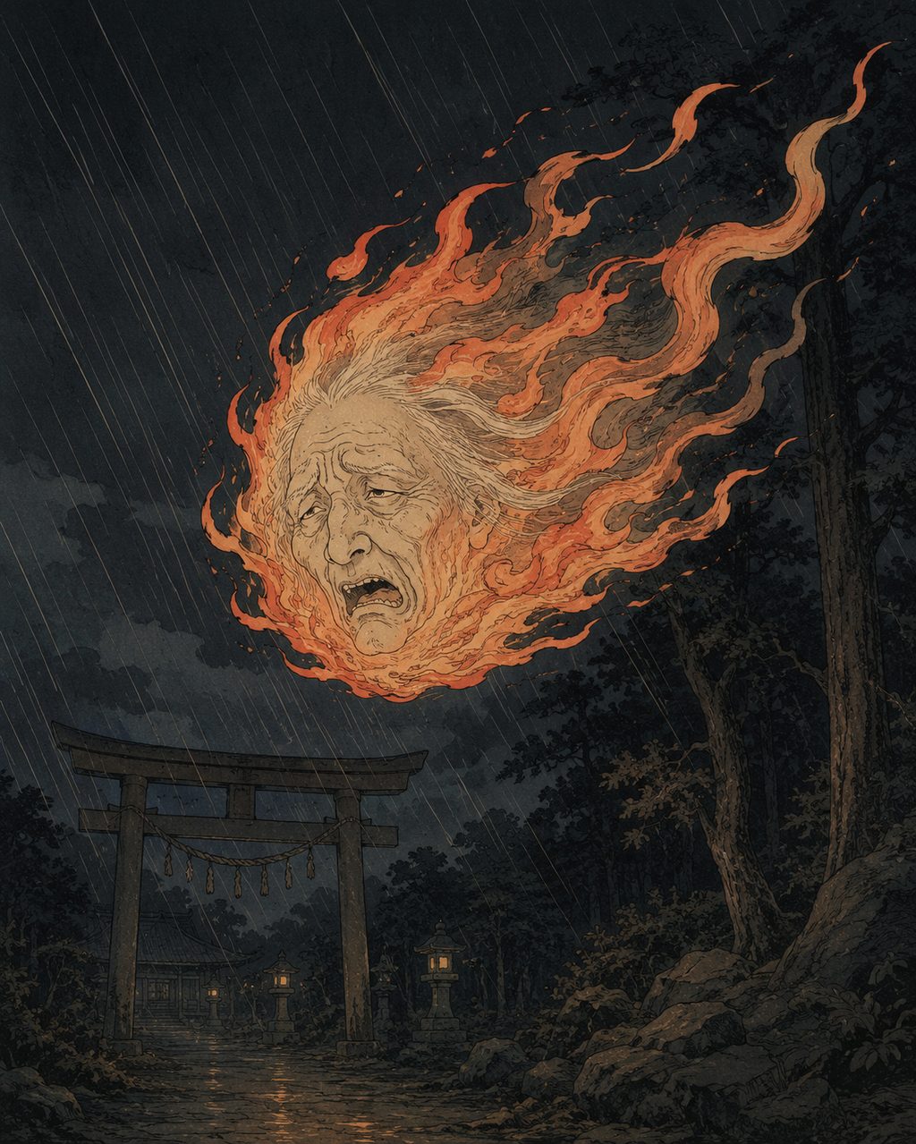 The mysterious fire, Ubagabi, flying on a rainy night. Also depicted by Toriyama Sekien, this flame is the manifestation of the sin of an old woman who stole sacred lamp oil from Hiraoka Shrine, transforming into an eternally unquenchable hellfire.