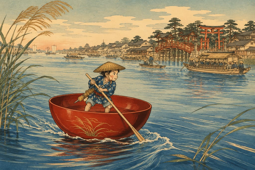 Issun-boshi rowing up the Yodo River in a bowl for a boat with a chopstick for an oar. An exhilarating tale in which a tiny child, granted through prayers to the god of Sumiyoshi, travels up the waterways of Naniwa connecting the sea and the capital, defeating an ogre to rise to greatness.