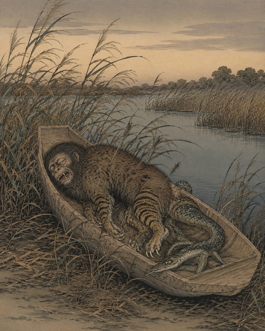 The carcass of the Nue floating down the Yodo River and washing ashore in Kasugae Village (present-day Miyakojima Ward). A rare legend where a strange phenomenon shot down in the capital drifts via the river to Osaka and is enshrined as Nuezuka.