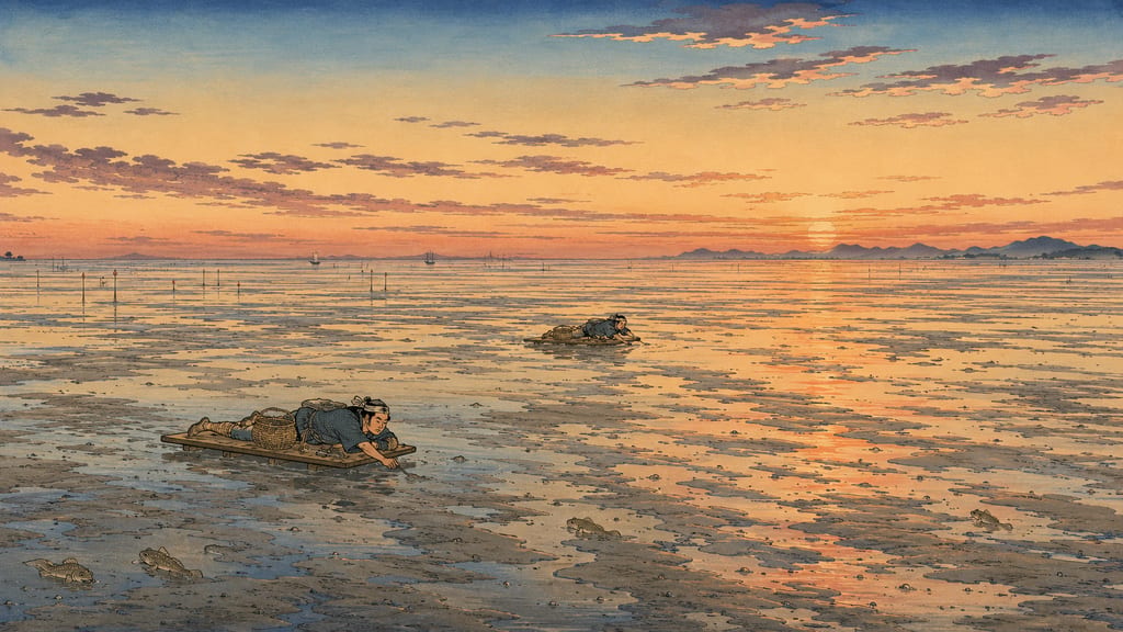 The tidal flats of the Ariake Sea. This vast sea of mud, brought about by one of Japan's largest tidal ranges, transforms from ocean to mud and back to ocean twice a day. This unstable space, neither sea nor land, is the very soil that nurtured Saga's diverse boundary anomalies.