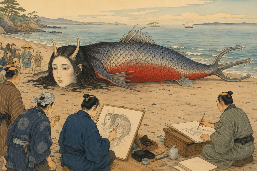 Jinja-hime appearing on the beach of Hizen. Appearing in 1819 to prophesy bountiful harvests and epidemics, this messenger from the Dragon Palace circulated widely as a talisman via broadsheets. The lineage of "prophetic beasts" leading to the later Amabie began in the seas off the western coast of Kyushu, which opened toward the continent.