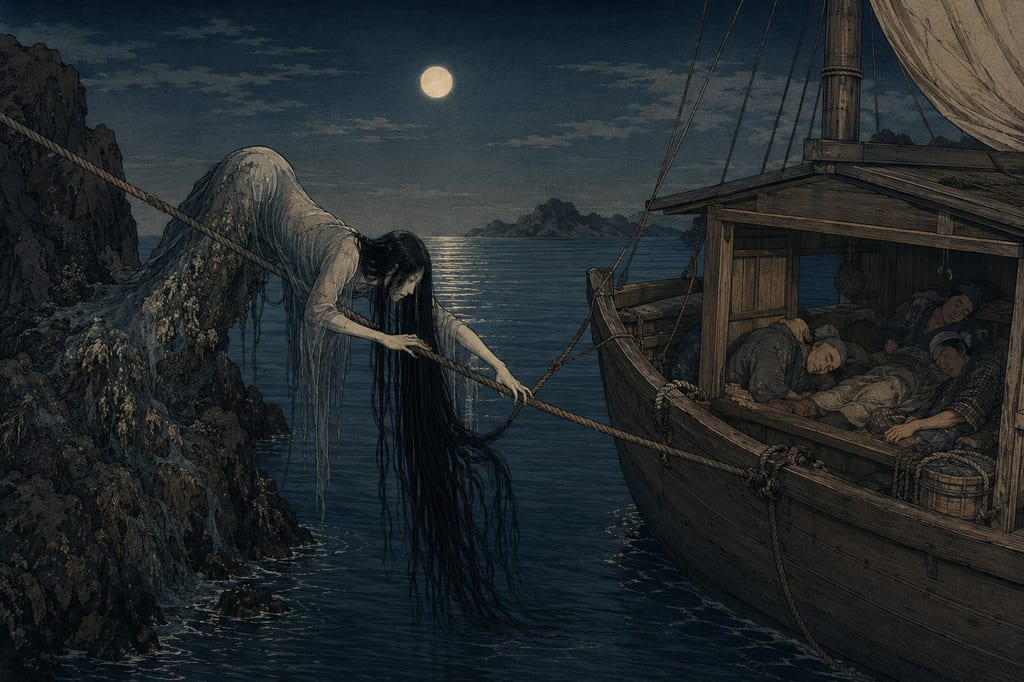 The Iso-onna of the Genkai Sea. Passed down along the coasts of northwestern Kyushu such as Kakara Island, this female monster of the boundary was feared for creeping along the mooring ropes of ships anchored at rocky shores at night to suck the blood of the sleeping. The anxieties of sailors spending the night in unfamiliar ports likely formed this image.