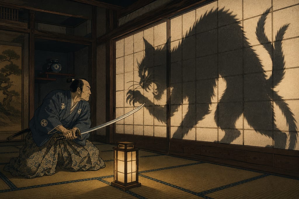 The Nabeshima Bakeneko Disturbance. Reflecting the shadows of the regime change from the Ryuzoji to the Nabeshima, this phantom cat legend spread nationwide through kabuki plays and storytelling in the late Edo period. The giant cat shadow cast on the shoji screen is the form taken by the political darkness of a fallen house's grudge, transformed into the supernatural anomaly of a familiar pet cat.
