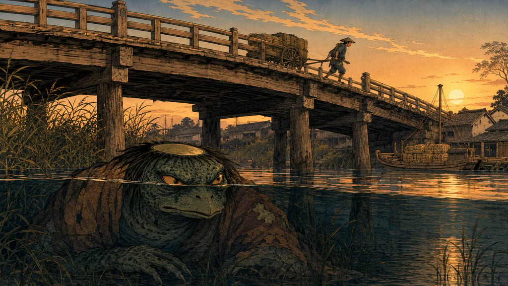 Kesabou lurking beneath Ochiai Bridge. The river network around Kawagoe, which thrived on boat transport, was also the social network of the kappa. The Kesabou of Igusa is said to have appeared at the foot of bridges wearing a Buddhist surplice and enjoyed playing pranks, such as clinging to handcarts.