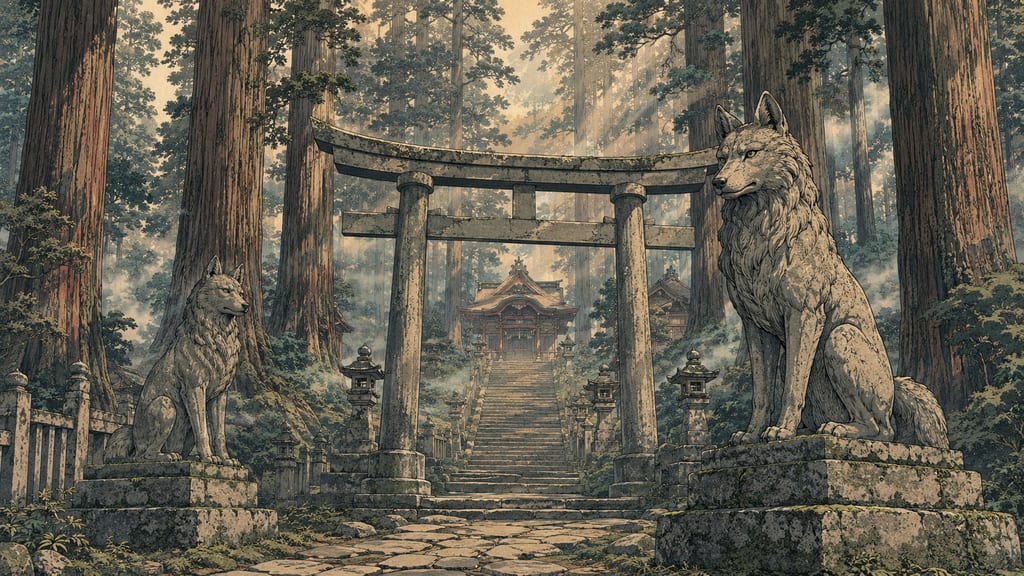 The fog-enveloped approach to Mitsumine Shrine in Chichibu. At this sacred site of mountain worship, which venerates the mountain dogs that guided Yamato Takeru as divine familiars, stone statues of wolves stand guard in place of traditional komainu (lion-dogs). The faith in "Oguchi-no-Magami," the deified Japanese wolf, sits at the pinnacle of Saitama's yokai culture.