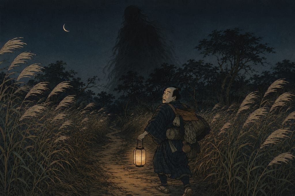 Nighttime Musashino and the presence behind you. In the era before streetlights, when the Musashino plateau was an endless expanse of miscanthus fields and mixed forests, the sudden presence and anxiety felt on a night road crystallized into "yokai of presence" like the Mikoshi-Nyudo.