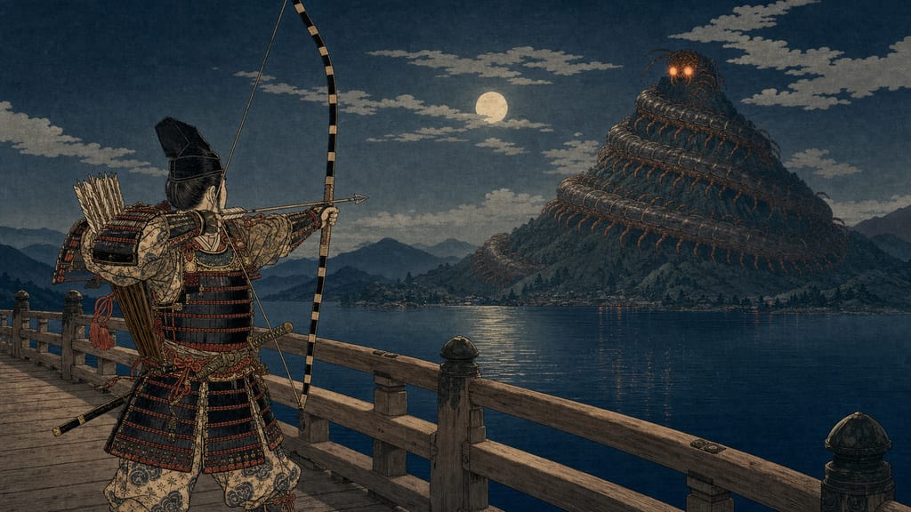 From Seta Karahashi to Mount Mikami. Tawara Toda's centipede extermination turns the very topography of Omi—its bridge, lake, and mountain—into a grand theater of the supernatural.