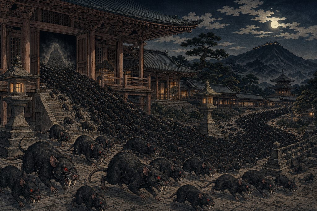 The Iron Mouse, born of Raigo's vengeful grudge, swarms from the halls of Miidera toward Mount Hiei. The tale of the vengeful spirit recorded in the *Heike Monogatari* illustrates how the visceral history of temple rivalries metamorphosed into supernatural horror.