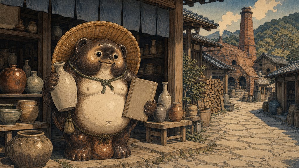 A ceramic tanuki standing on a street corner in Shigaraki. The "Hassou Engi" Shigaraki ware tanuki is a beloved figure that bridges the lineage of shape-shifting monster tanuki with modern lucky charms and regional crafts.