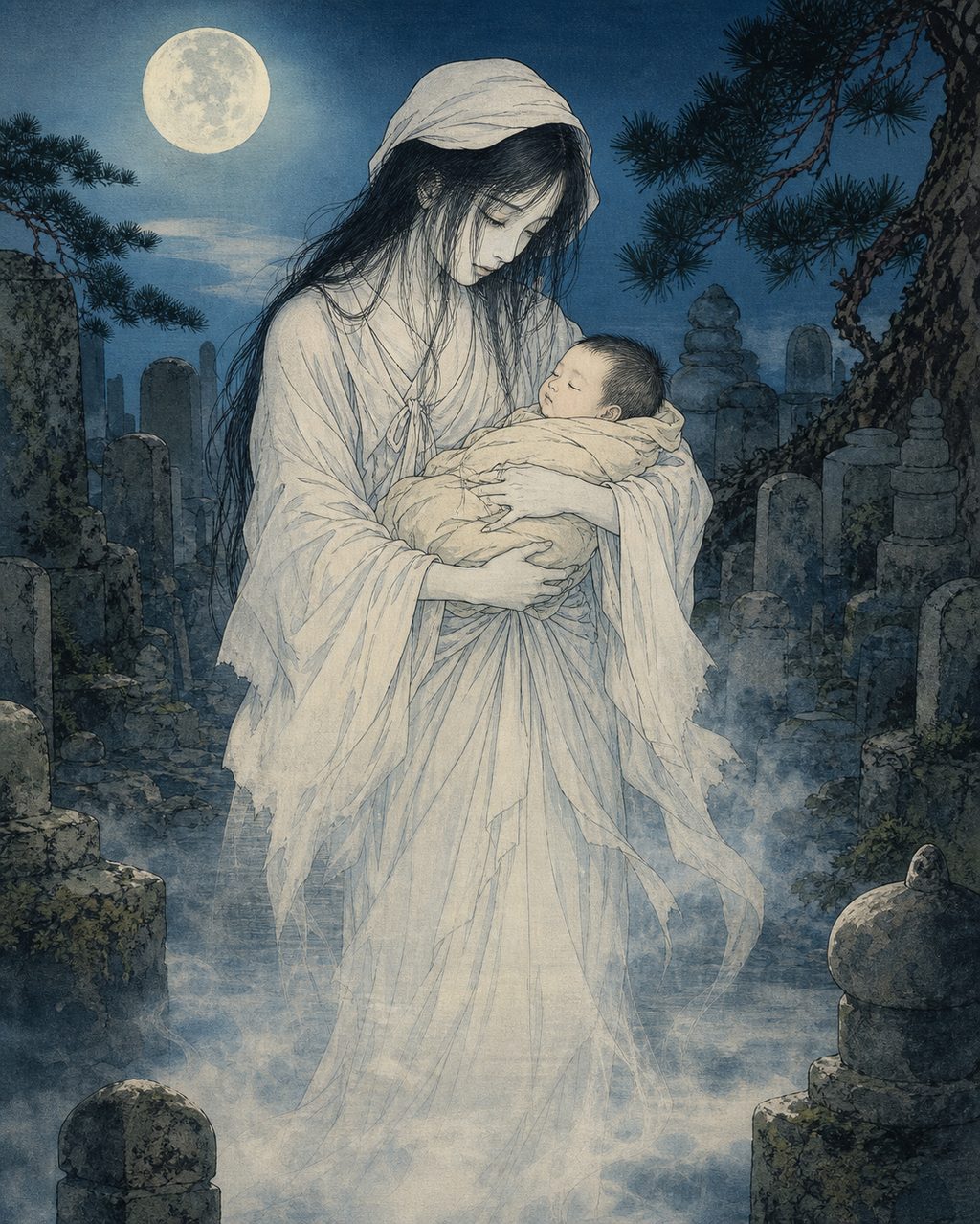 "The Woman Who Bought Candy," recorded by Lafcadio Hearn. A mother's ghost appearing night after night to buy one mon of candy, raising the child she bore after death in the graveyard of Daio-ji temple in Matsue.