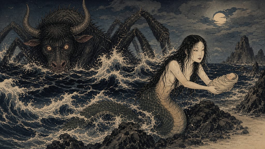The Ushi-Oni and Nure-Onna appearing in the rough seas of Iwami. A gruesome, earthy seaside monster tale where accepting a baby from the woman results in being devoured by a giant Ushi-Oni rising from the dark waves.