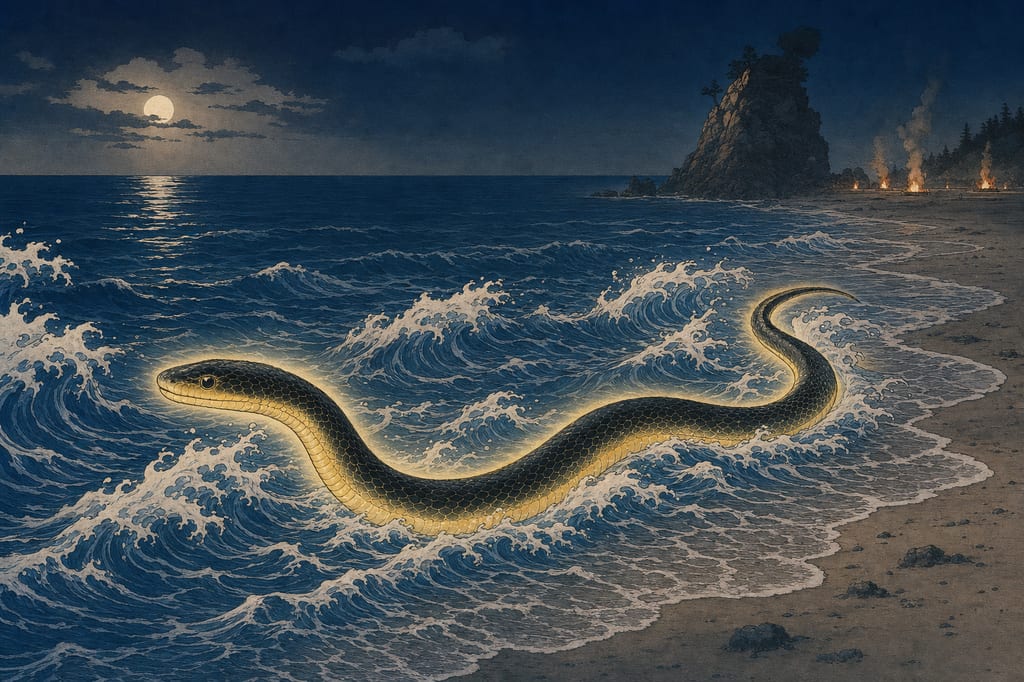 In the lunar month of Kamiarizuki, the Ryujin (yellow-bellied sea snake) appears in the sea of Izumo (Inasa Beach) to guide the eight million gods from all over the country. It conveys the unique Izumo belief that both wealth and gods arrive from the distant sea.