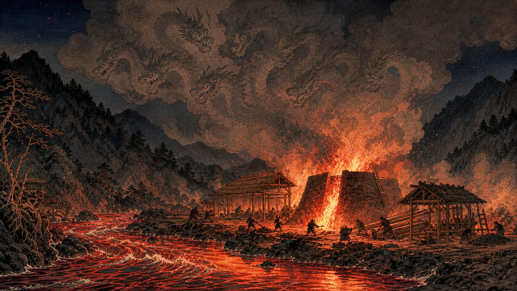 The roaring flames of "tatara ironmaking" burning bright red deep in the mountains of Okuizumo, alongside the phantom of Yamata no Orochi, the incarnation of the Hii River. The serpent-slaying of the Kojiki and Nihon Shoki is often explained as an allegory for the history of a frequently flooding river and the ironmakers seeking high-quality iron sand.