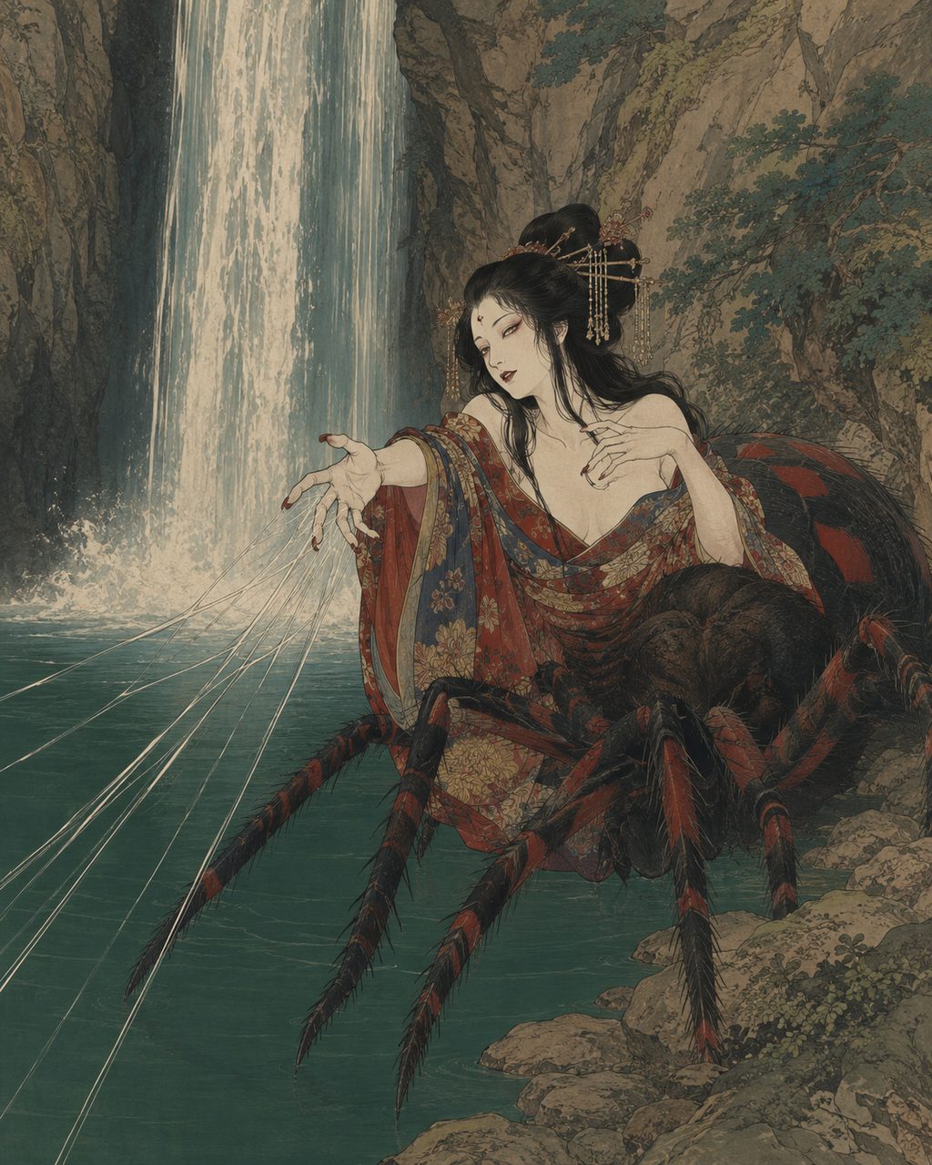 The Jorogumo lurking in the Joren Falls of Amagi, Izu. This mysterious entity, appearing as a beautiful figure to make woodcutters promise "absolute secrecy," reflects the precarious boundary of water god worship standing in deep valleys and pools.