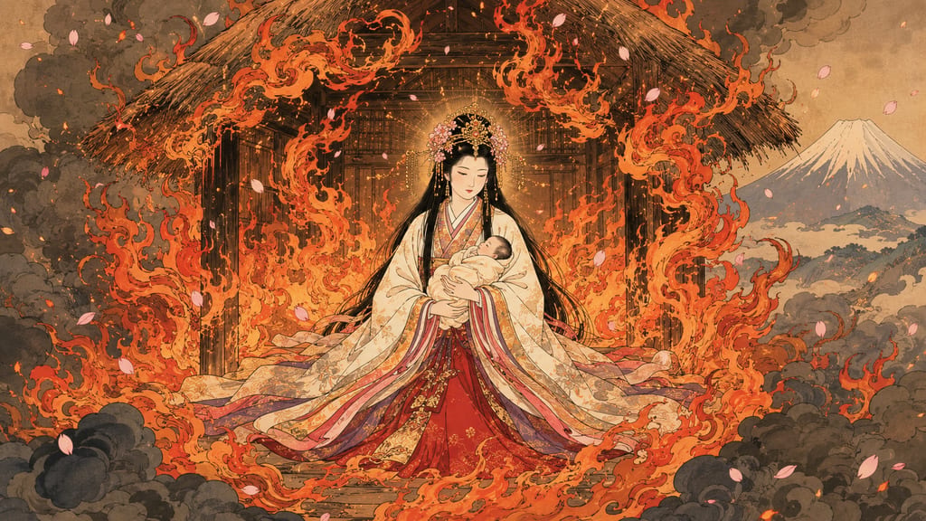 Konohana-Sakuyahime holding her children in the burning delivery hut. This myth of childbirth in fire, recorded in the *Kojiki*, invoked a divinity that controls fire, forming the basis for installing her as the main deity of the Sengen Taisha to calm the eruptions of Fuji.