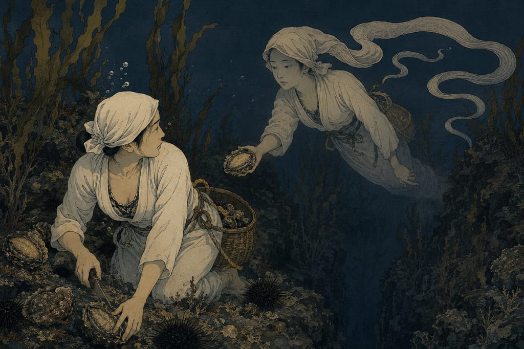 Tomokadzuki, a doppelganger entity that lures female divers into the dark depths. It is said its mark is an unnaturally long tail of a headband, a phantom revealing the abyss of the divers' minds born from the solitary and harsh labor of solo diving.