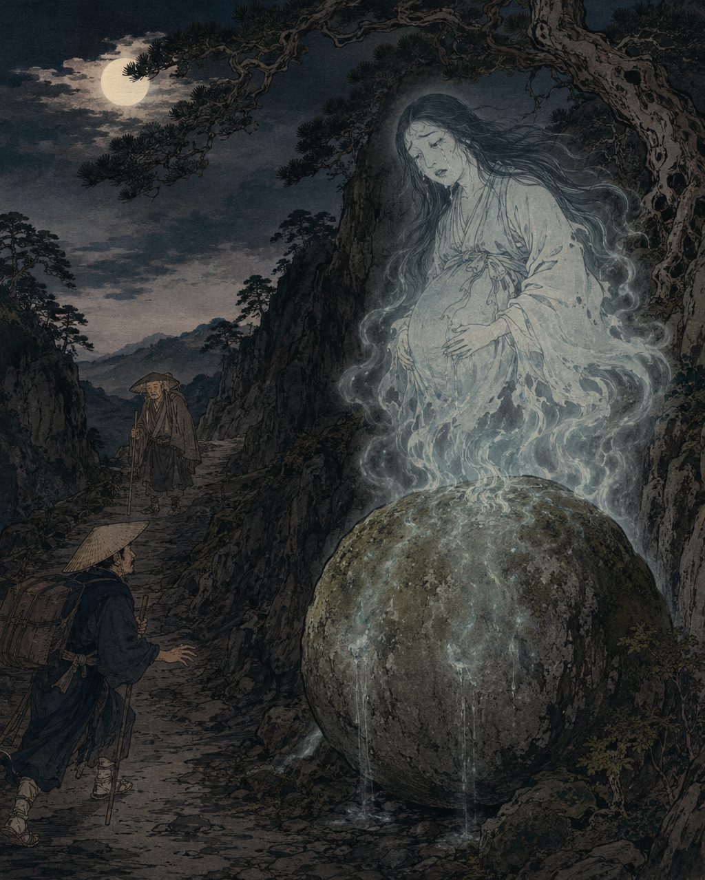 The Night Crying Stone of Sayo no Nakayama. This is a sorrowful tale symbolizing highway culture, in which the soul of a pregnant mother who lost her life on this difficult pass of the Tokaido took residence in a stone, continuously weeping in longing for the child she left behind.