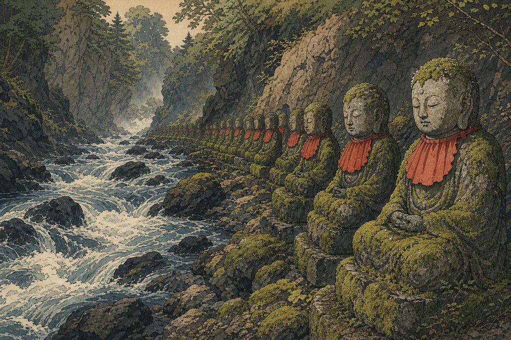 The Bake-Jizō (Phantom Jizō) lined up along the rushing rapids of the Daiya River in Nikkō (Kanmangafuchi). It is said that their number never matches when counted going and coming back; though they cause no harm, the very impossibility of counting them serves as a testament to the taboo of this sacred ground.