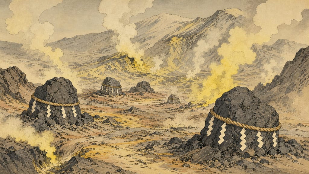 The area of the Sesshō-seki stretching across the foothills of Mount Nasu. Volcanic gases (sulfur dioxide) billow up, creating a barren, purgatorial landscape that gave rise to the legend of a demonic fox's poison taking the lives of approaching birds and beasts.
