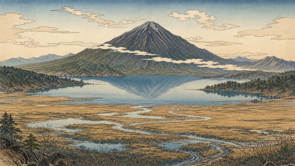 The sacred peak of Mount Nantai, with Lake Chūzenji and Senjōgahara spreading at its foot. Amidst this vast landscape, the Great Serpent of Mount Nantai and the Giant Centipede of Mount Akagi are said to have fought a bloody divine war over territory.