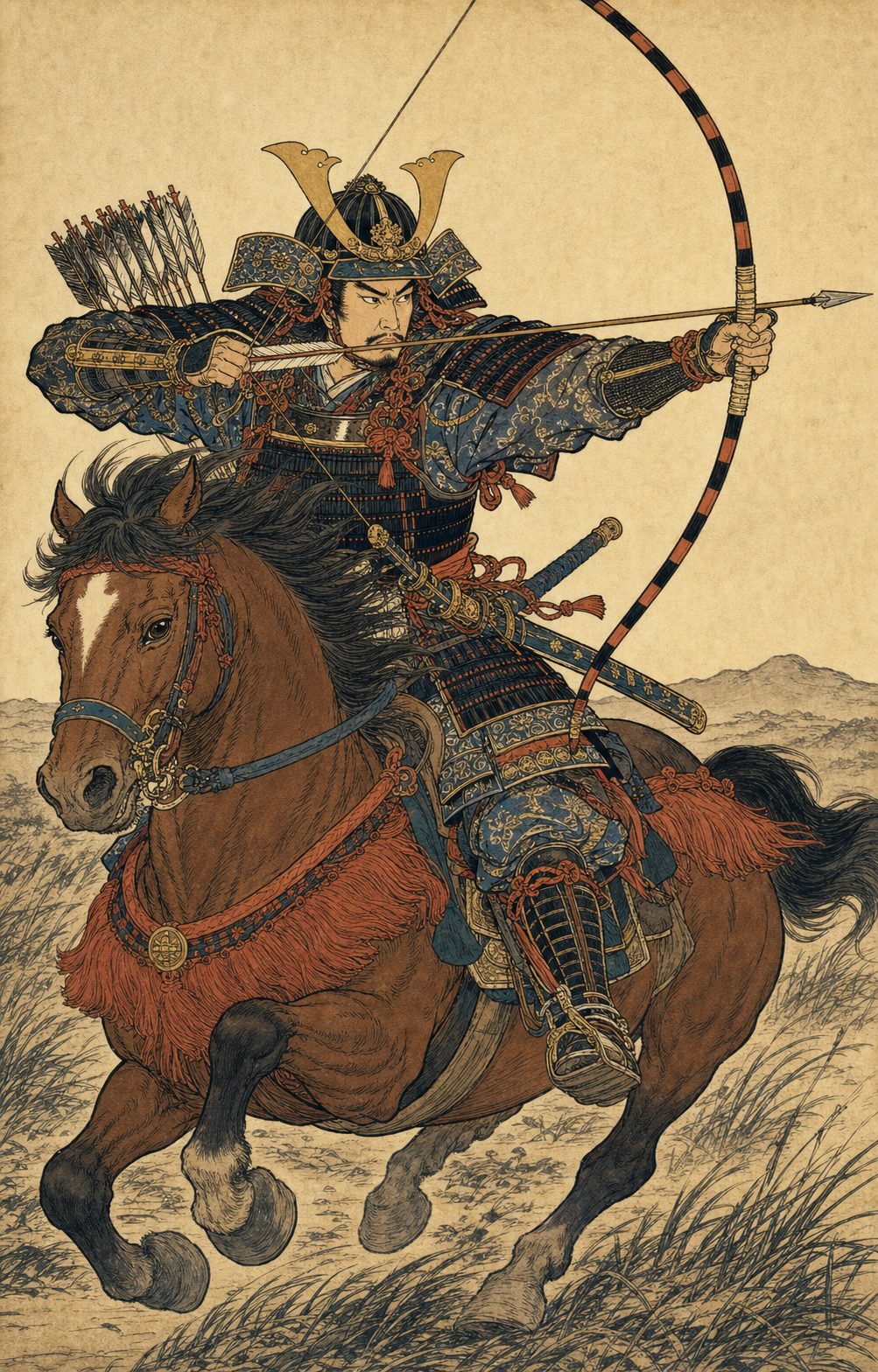 A warrior print (*musha-e*) depicting a Bandō warrior drawing a strong bow. Shimotsuke Province was a land of martial prowess, home to heroes like Tawara Tōda (Fujiwara no Hidesato). It gave rise to numerous legends of valor where supernatural entities—be it the Giant Centipede, the Dodomeki, or the Nine-Tailed Fox—were slain by the bow and arrow.