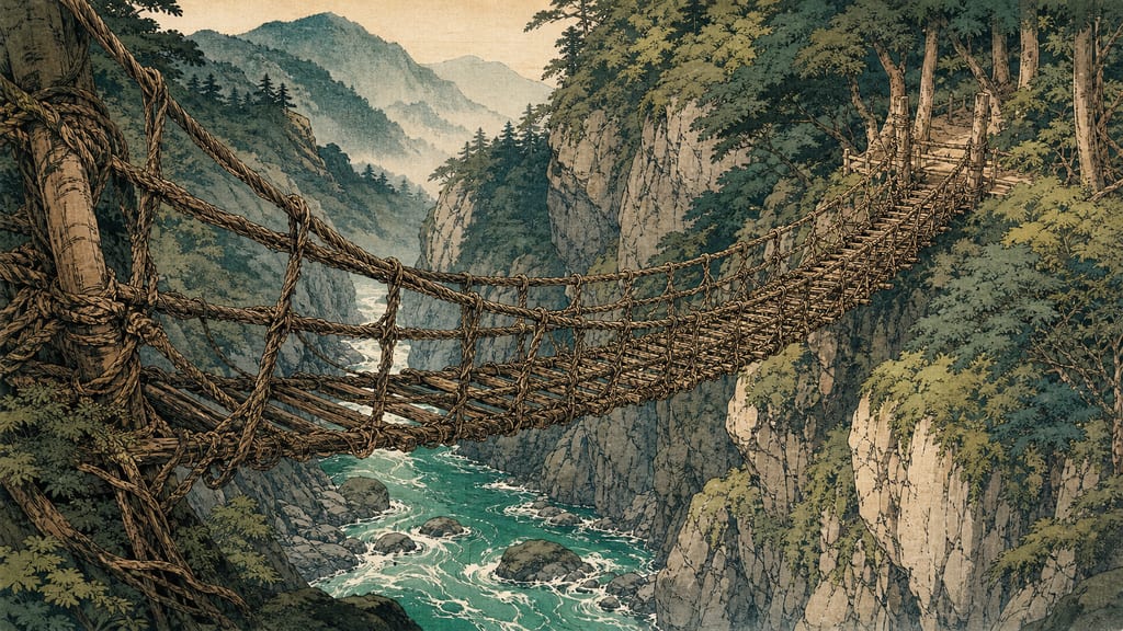 The Kazurabashi bridge over a deep gorge and emerald rapids in Iya. The harshness and deep darkness of this hidden region, where Heike fugitives lived in hiding cut off from the world, was the very cradle that nurtured mysteries like the Konaki Jiji.