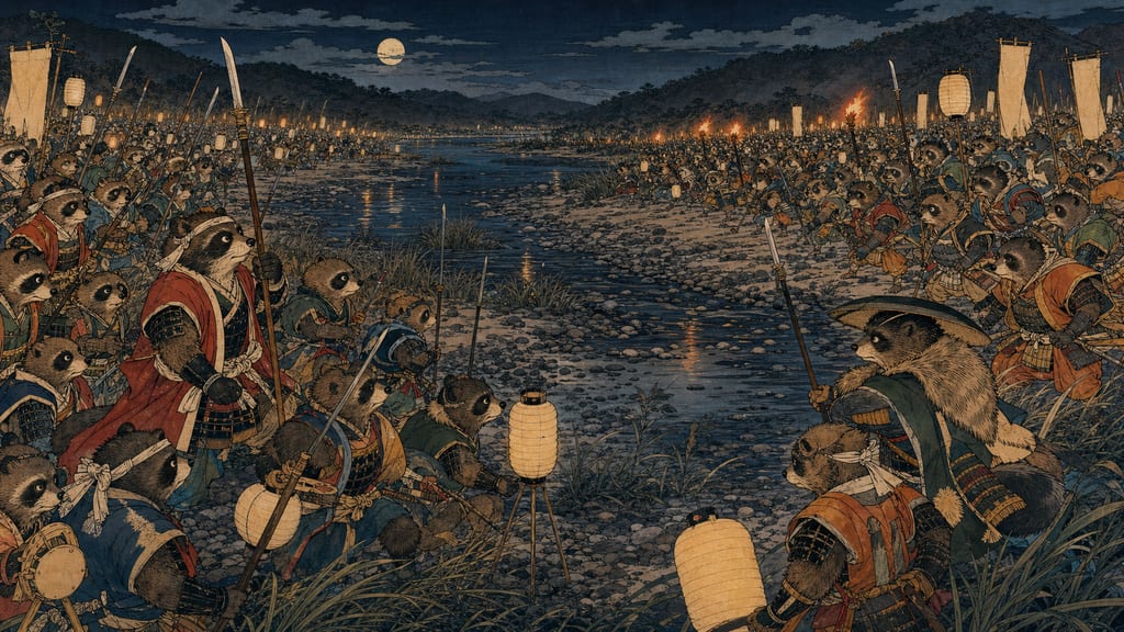 Tanuki armies clashing on the riverbed of the Katsuura River. The story of Kincho Tanuki, who laid down his life to repay a debt of gratitude to a human, was narrated as the kodan 'Awa Tanuki Gassen' (Awa Tanuki War) by Kanda Hakuryu and became beloved as a paragon of the Awa people's sense of duty and humanity.
