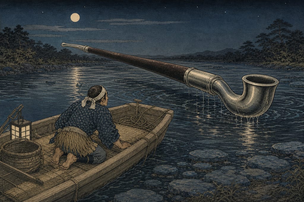 The Oogiseru (Giant Pipe) appearing at the Aoishise rapids of the Yoshino River. Like a massive smoking pipe thrust before a boatman on a night boat, the tricks of the Awa tanuki are somewhat goofy and grand in scale, rather than possessing the cold malice of a fox.