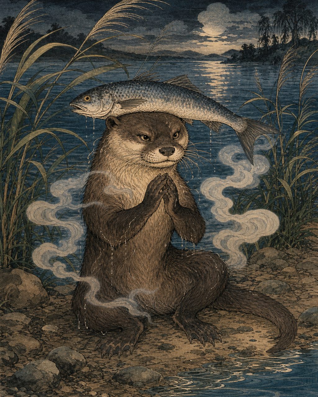 A river otter attempting to transform into a monk or a beautiful woman with caught fish balanced on its head. Dwelling by the water, they too have often been spoken of on the riverbanks and pilgrimage routes of Shikoku as beasts that trick humans, alongside tanuki and foxes.