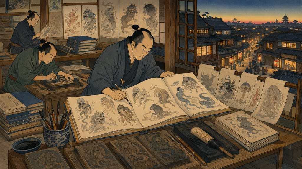 Edo's publishing culture restructured yokai from the parades of picture scrolls into one-entity-per-page illustrated encyclopedias.