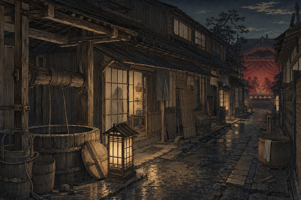 Yotsuya Kaidan transformed vengeful spirit tales into urban legends through the stage settings of Edo's row houses and kabuki.