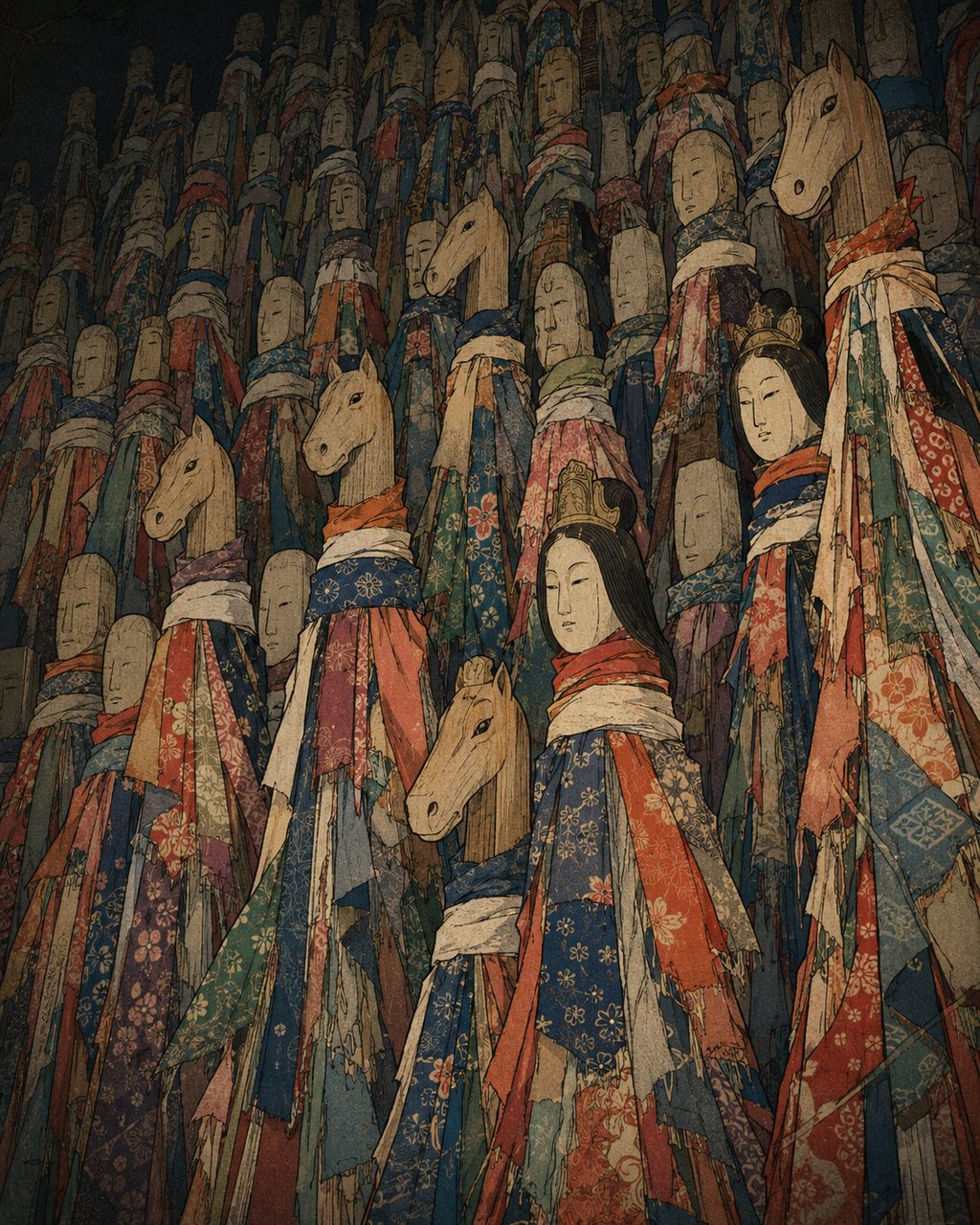 Oshirasama deities enshrined so as to cover the walls of a dimly lit hall. From the lifestyle of Tono, where humans and horses lived under the same roof, the tragic love story between a girl and a horse that becomes the god of sericulture in Tale 69 of "Tono Monogatari" was born.