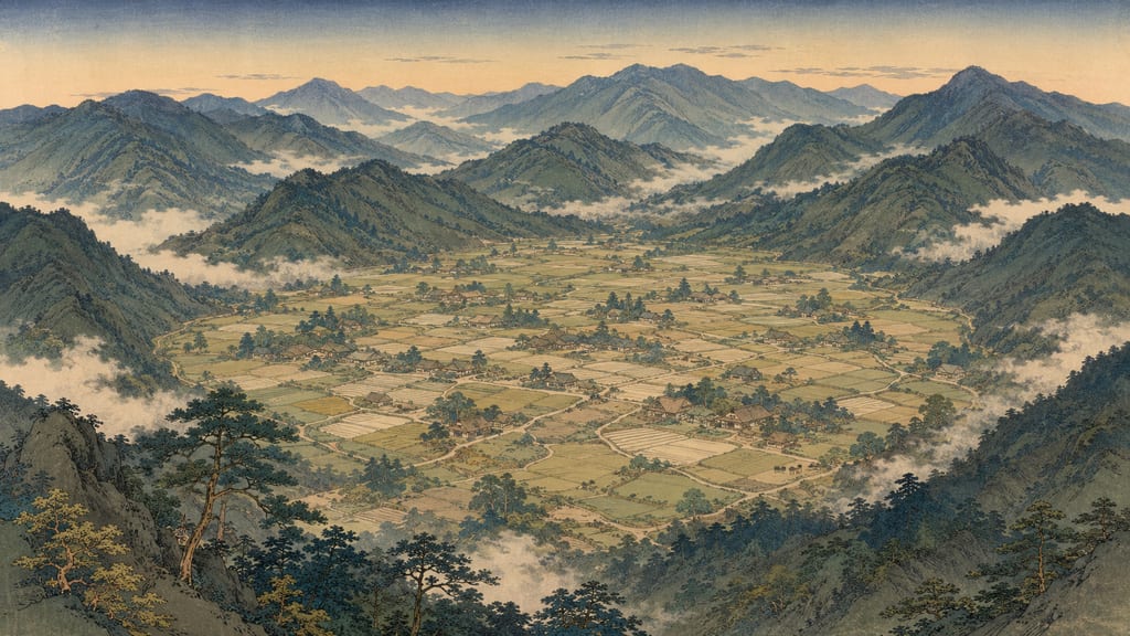 The Tono Basin, surrounded by mountains on all sides. This isolated terrain, which requires crossing mountains from Morioka or the coast, became the soil that preserved the vivid mysteries of kappa and zashiki-warashi until the era of "Tono Monogatari".