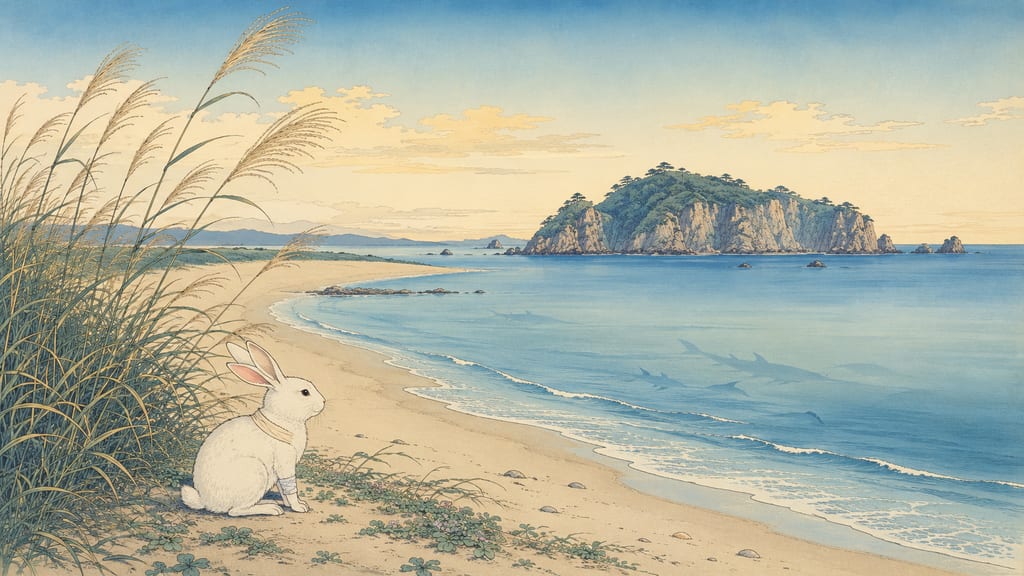 Hakuto Coast and Okinoshima. The setting for the White Hare of Inaba recorded in the *Kojiki*, where the topography still retains the details of the myth. This story of healing, in which Okuninushi cured the wounded hare with cattail pollen, reflects Tottori's ancient vein of faith that welcomes and heals misshapen beings rather than treating them as enemies.