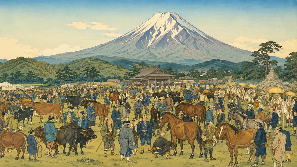Mount Daisen (Hoki Fuji) and the cattle and horse market. Daisen, a training ground for mountain worship, became deeply connected to prayers for the protection of cattle and horses. One of Japan's three major cattle and horse markets was grandly held in front of the gates of Daisenji. It is a magnificent scene unique to Tottori, where Jizo faith and agricultural life became one at the foot of the sacred peak.