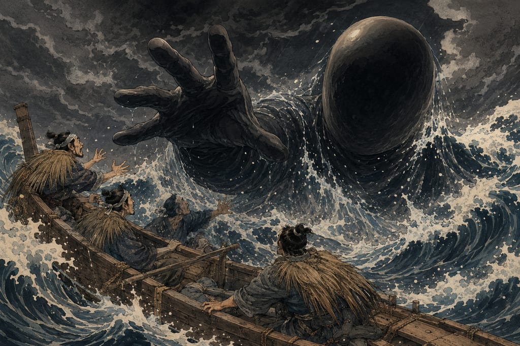 An Umibozu appearing in the raging Sea of Japan. The winter Sea of Japan has swallowed countless boats that never returned, and the fundamental awe of that sea gave birth to the legend of the Umibozu, a massive black shadow that blocks ships. The story pattern of escaping danger by handing over a bottomless ladle is the folk wisdom of trying to overcome the fury of nature with quick thinking.