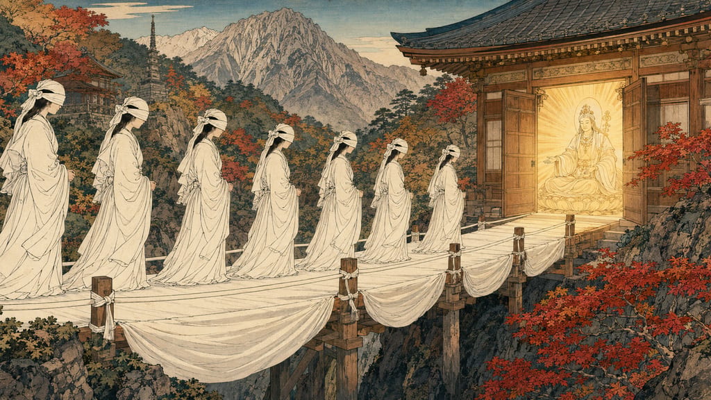 The Nunobashi Kanjo-e for the salvation of women and Ubagami. A solemn ritual sustained by the temple lodgings of Ashikuraji at the foot of Mount Tateyama, where women dressed in white burial clothes crossed the cloth bridge blindfolded, passing through the darkness of the Ubadō where 66 Ubagami statues wait, before being reborn into the light.