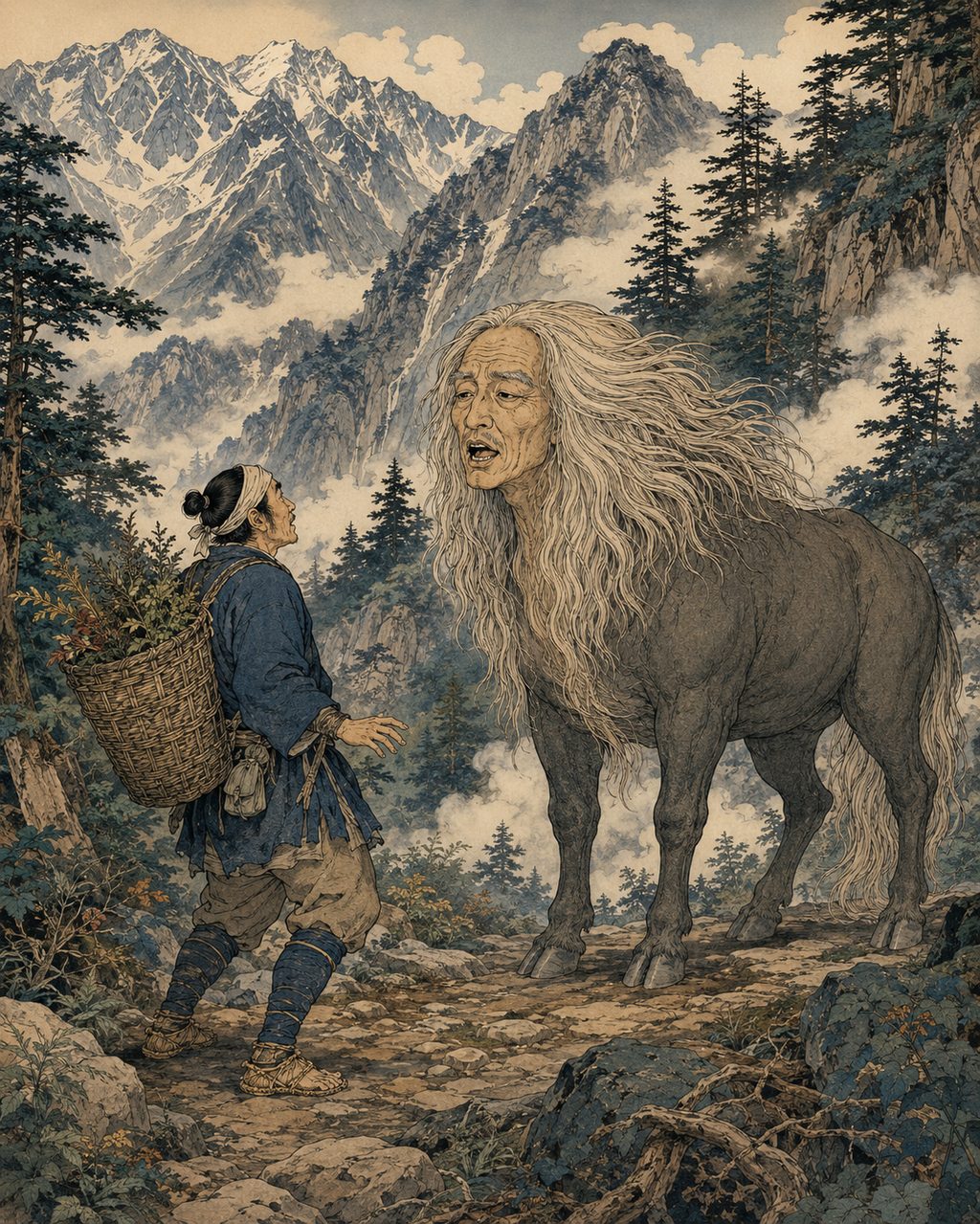 The prophetic beast Kutabe, which appeared on Mount Tateyama. A monster with a human face and beastly body that supposedly appeared before herb gatherers in the Bunsei era, foretold an epidemic, and commanded, "Draw my figure and distribute it." A bizarre anomaly unique to the cultural sphere of "Toyama Medicine Peddlers" who carried medicines and talismans.